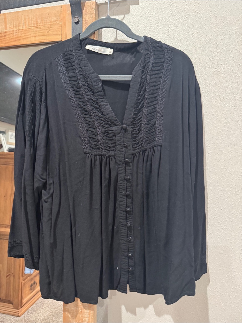 Solitaire Black Button-Front Blouse with Pintuck & Braided Yoke